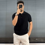 Кофейная трикотажная летняя дизайнерская футболка polo, короткий рукав, изысканный стиль, тренд сезона