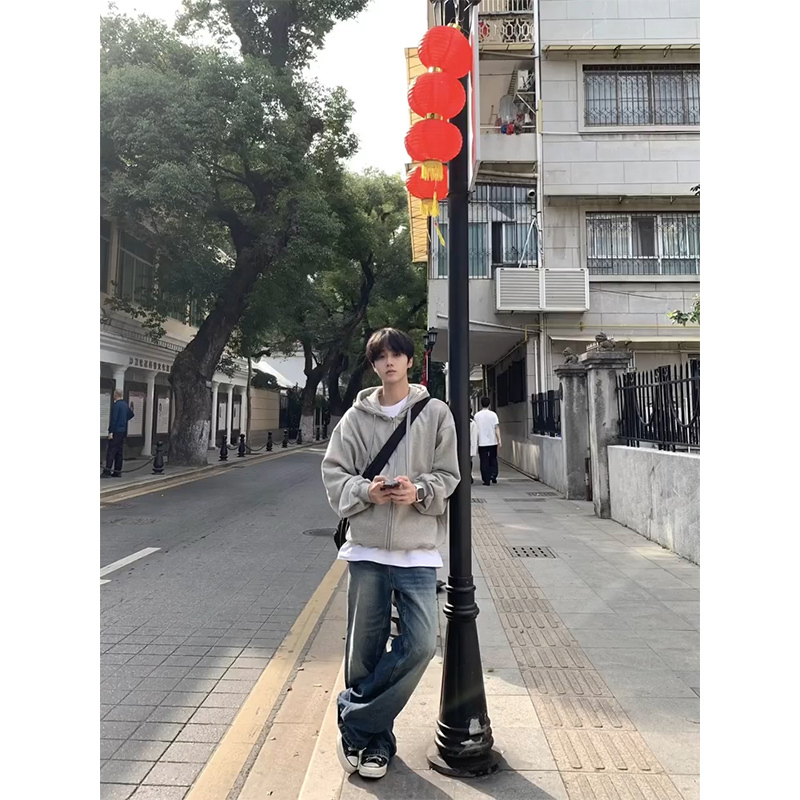 Men's Gray Zip-Up Hoodie Jacket Trendy Brand European and American Street Style Outfit Spring and Autumn Thin Hoodie Men's Gray Zip-Up Hoodie Jacket Trendy Brand European and American Street Style Outfit Spring and Autumn Thin Hoodie