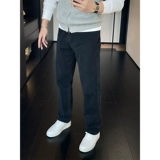 Утепленные демисезонные джинсы с начесом, черные элитные штаны, повседневные брюки, 2024 года, свободный прямой крой