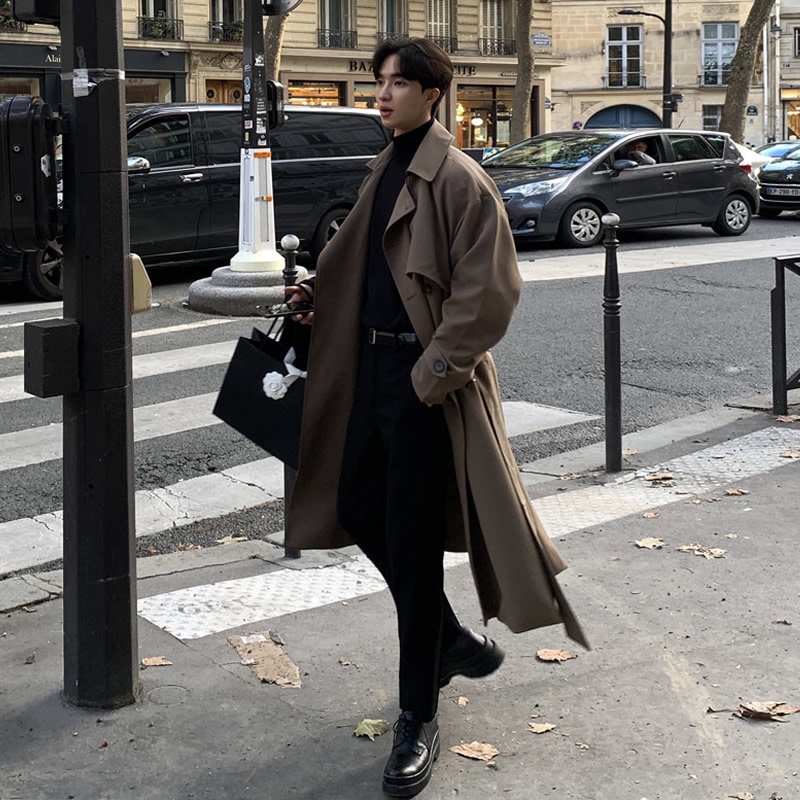 British Style High-End Trench Coat with Drapey Mid-Length Coat for Men, Spring and Autumn Thin Coffee-Colored Kruusu Coat British Style High-End Trench Coat with Drapey Mid-Length Coat for Men, Spring and Autumn Thin Coffee-Colored Kruusu Coat