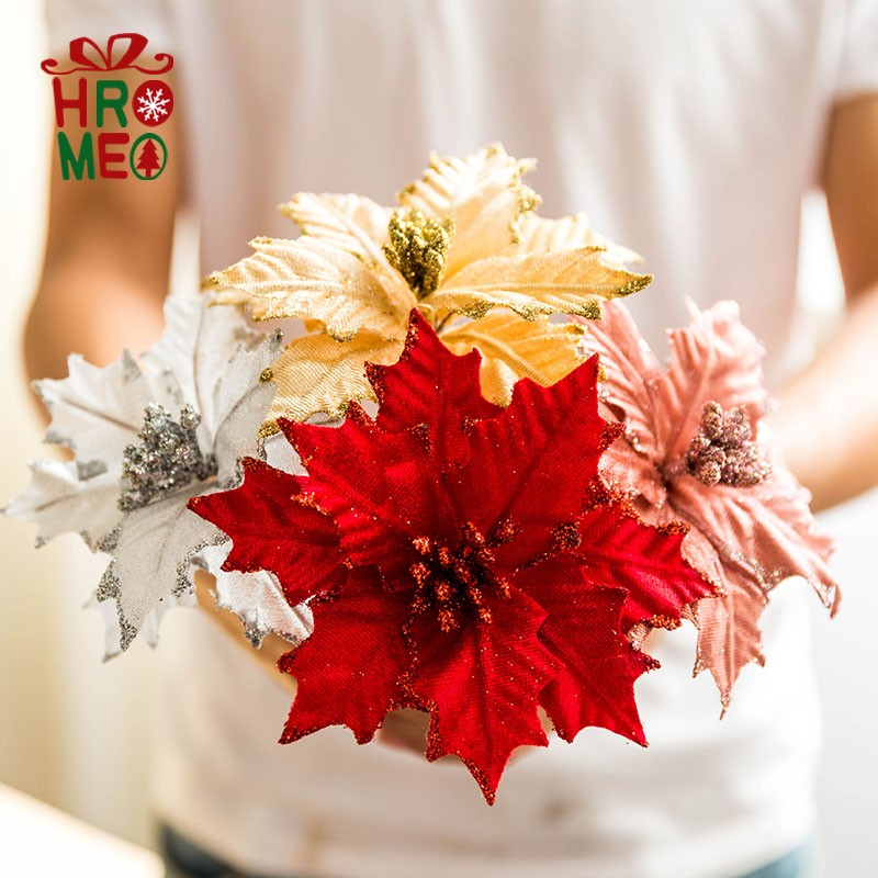 Hromeo 14cm handmade Christmas flower suede cloth emulation flower pink Christmas flowers DIY Christmas decorations
