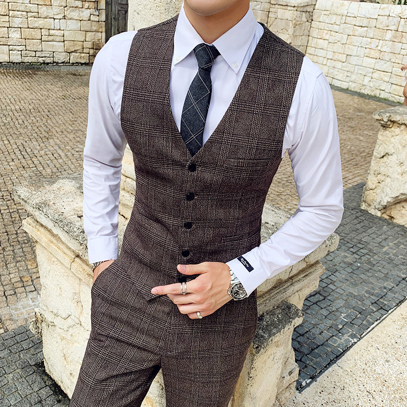 Plaid Vest Suit Trendy Slim Fit Groom Groomsman Men's Vest Korean Style Business Trousers Suit Formal Wear Plaid Vest Suit Trendy Slim Fit Groom Groomsman Men's Vest Korean Style Business Trousers Suit Formal Wear