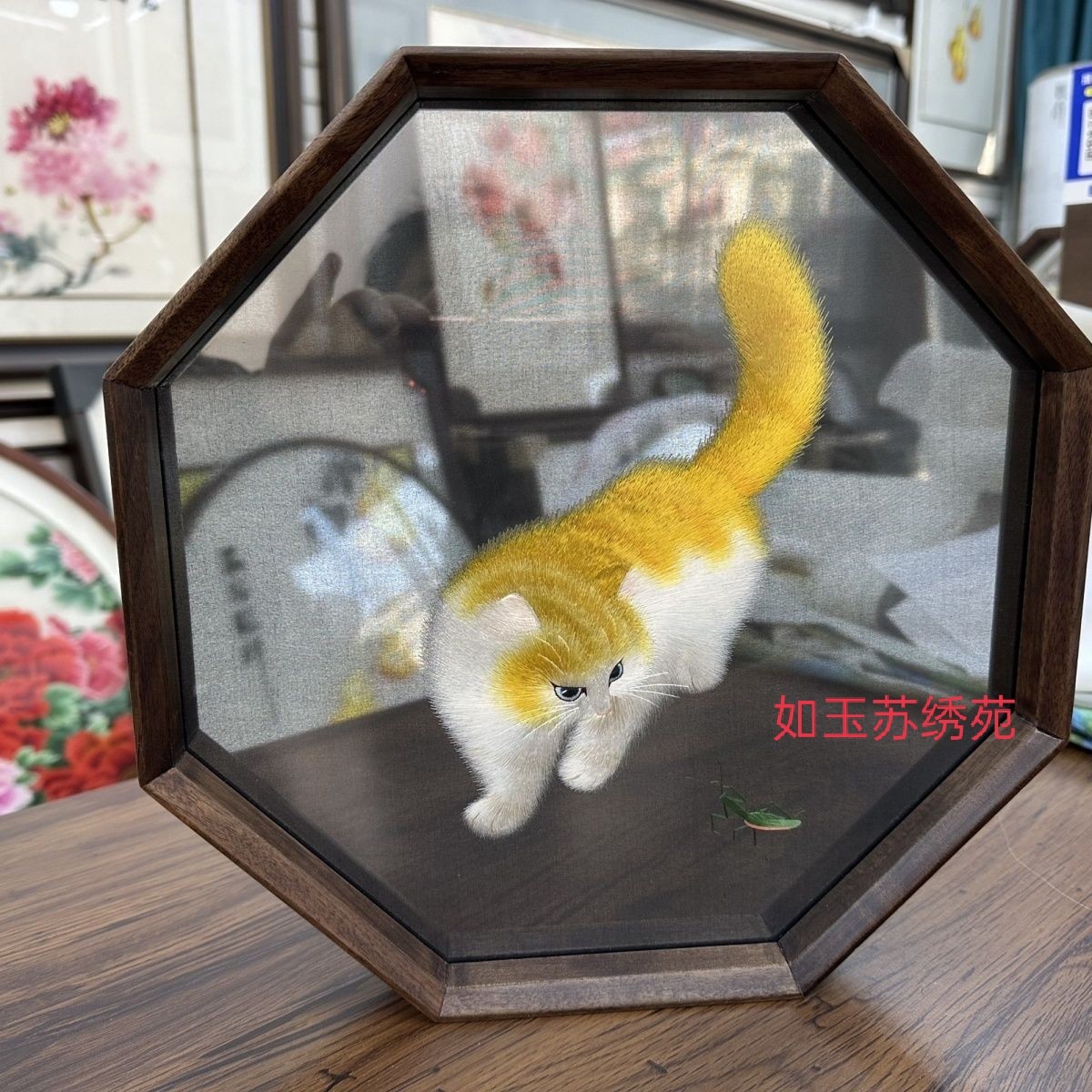 中國美術 七宝焼 景泰蓝 猫 蝶々 蘇繡 雙面繡 純手工蘇繡雙面異色繡高端刺繡異面繡貓戲螳螂中國特色手工藝-淘寶