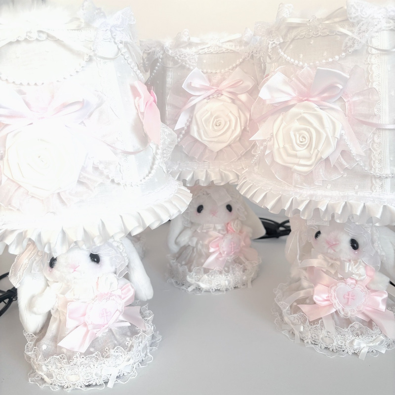 Original Handmade Fabric Table Lamp, White and Pink Wedding Rabbit Table Lamp, Warm Light Table Lamp, Home Decoration, Plug-In Version