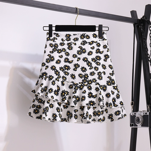 Летняя юбка, шифоновая мини-юбка, 2020, высокая талия, цветочный принт, крой «рыбий хвост», А-силуэт, подходит для подростков, с акцентом на бедрах