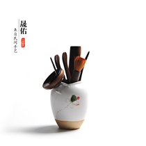 Shengyou hand-painted bamboo ceramic tea ceremony six gentlemen ebony black sandalwood chicken wing tea ceremony set tea clip tea spoon tea art tools