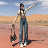 Синие джинсы, зимние флисовые штаны, высокая талия, подходит для подростков, свободный прямой крой