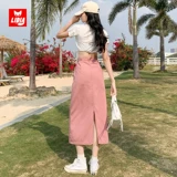 Розовая осенняя приталенная джинсовая юбка, А-силуэт, высокая талия