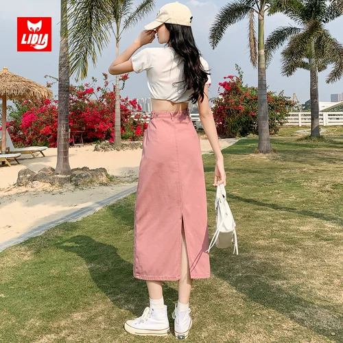 Розовая осенняя приталенная джинсовая юбка, А-силуэт, высокая талия