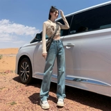 Синие джинсы, зимние флисовые штаны, высокая талия, подходит для подростков, свободный прямой крой