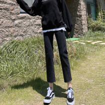 Black straight loose jeans womens spring and autumn 2021 New High waist slim eight points nine pipe pants