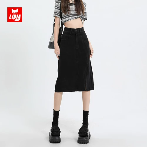 Черная летняя приталенная джинсовая юбка, высокая талия, А-силуэт