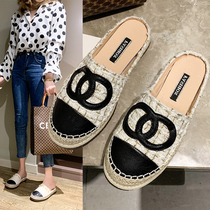 Baotou half slippers female 2021 spring new small fragrant wind grass woven fisherman lazy shoes flat bottom Muller shoes