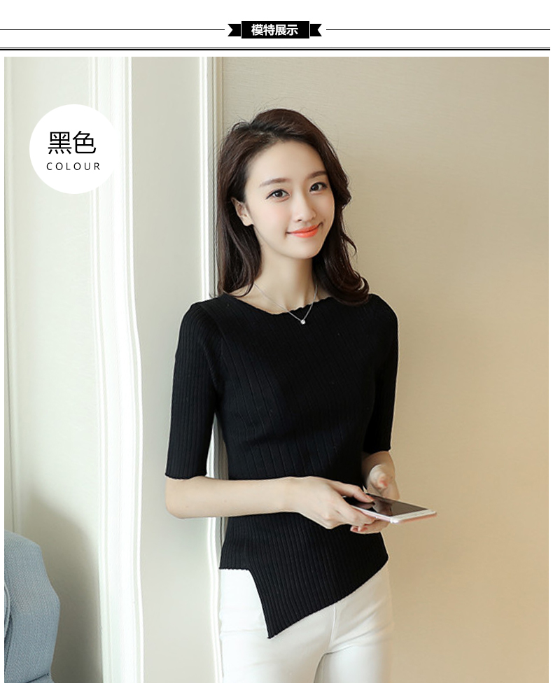 Xuân 2018 áo len mới bất đối xứng của phụ nữ thời trang Hàn Quốc màu rắn năm điểm tay áo dài đan áo sơ mi cổ trụ nữ