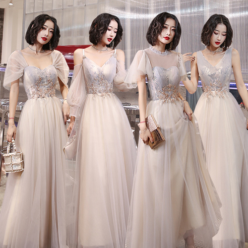 Evening dress prom gown Champagne bridesmaid dress long sleeve girlfriends group sisters skirt long evening dress