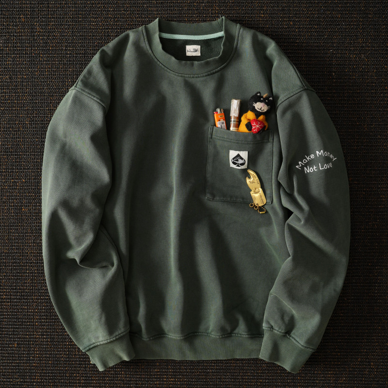 Xccc Fishbone Terry Bottom 430g Pure Cotton Distressed Loose Vintage Casual Versatile Embroidered Pocket Crew Neck Sweatshirt