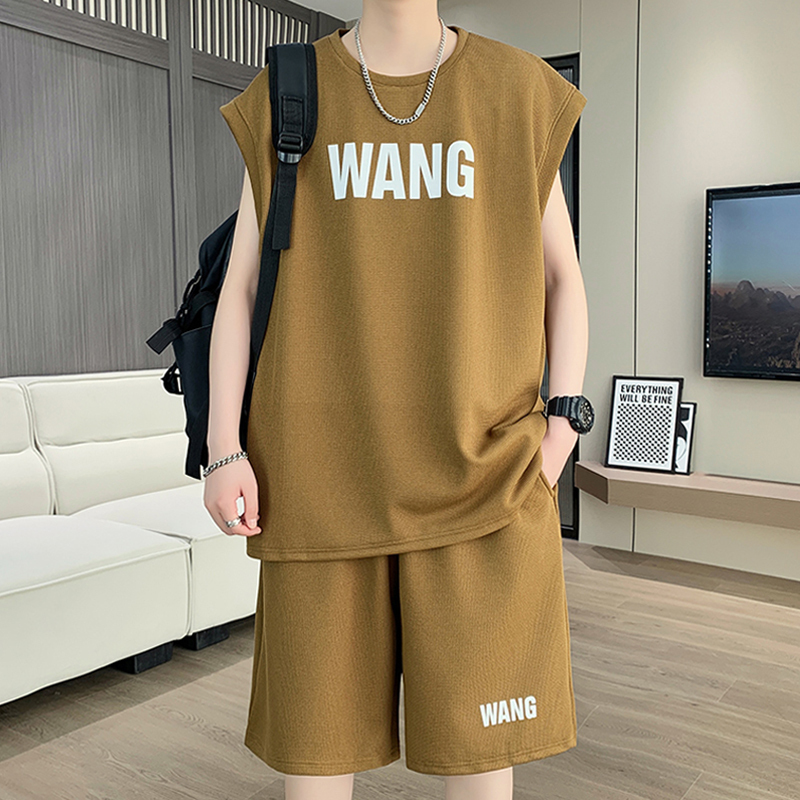 Casual Sports Suit for Men, Summer Sleeveless T-Shirt Vest, Trendy Brand Men's Clothing, Short-Sleeved Shorts, Complete Set of Clothes
