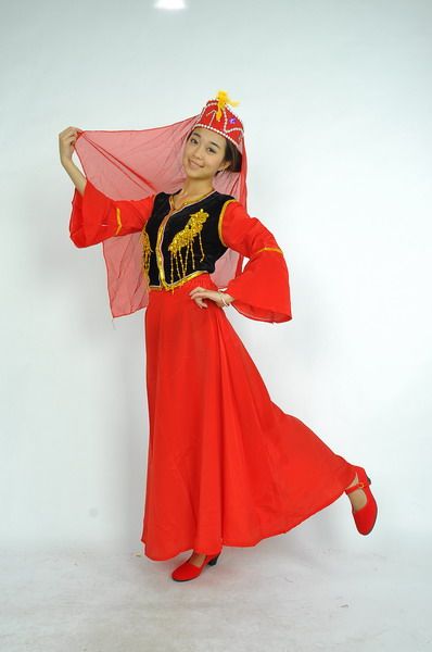 Two style sections Xinjiang Stage Performance Costume Dance Performance Women's Ethnic Minority Uyghur Clothing Red
