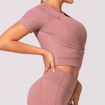 Sports women cross border yoga Europe and America T - shirt Stretch 2023 nude fitness suit women short - sleeve new dew button