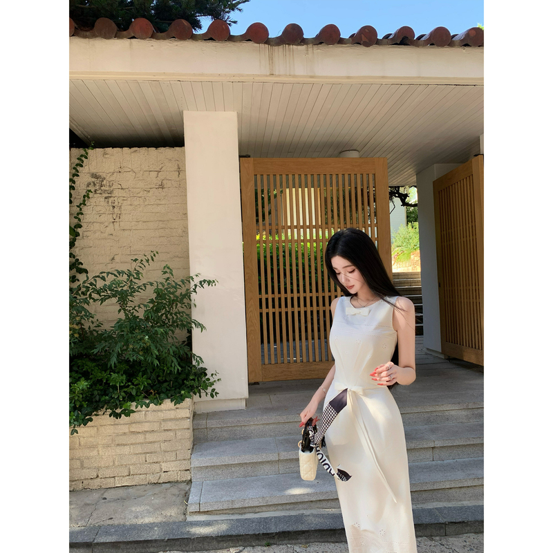 Barbchill "Same Style as Lee Ji-Min's Show Performance Outfit" 100% Pure Cotton White Sleeveless Dress Women's Summer Waist-Cinching Long Dress