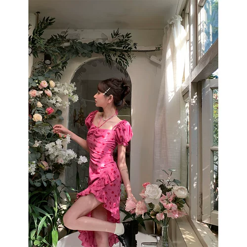 Осеннее платье, мини-юбка, длинная юбка, квадратный вырез, в цветочек, с открытой спиной, средней длины