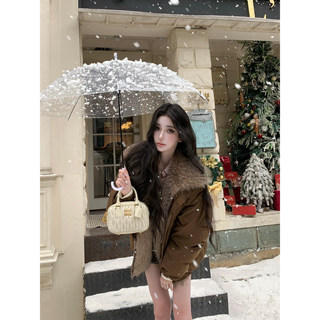 Barb Chill90 White Duck down Coffee-Colored down Jacket for Women, Winter Warm Fur Collar Coat for Petite Sizes