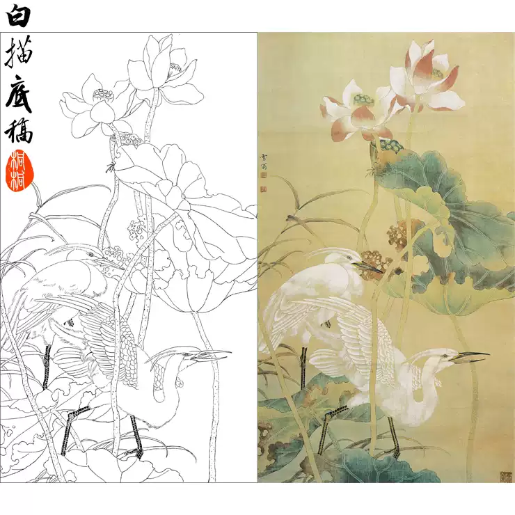 陈之佛工笔画白描底稿《秋荷白鹭》花鸟大幅线描稿中国画白描A861-淘宝