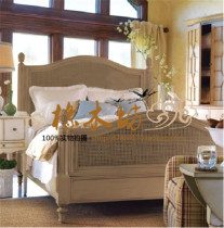 Export foreign trade solid wood bed French solid wood rattan bed American retro distressed double bed carved bed rattan bed