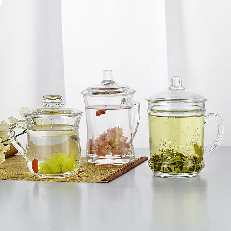 Crystal glass transparent bubble tea cup with lid thickened water cup Home with a mouth cup handle Chinese tea drinking with lid