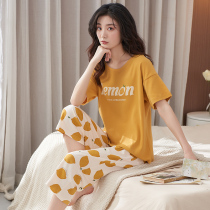 Summer Pajamas Womens Short Sleeve Pure Cotton 2022 New Thin Girls Lemon Cropped Pants Summer Home Clothes Set