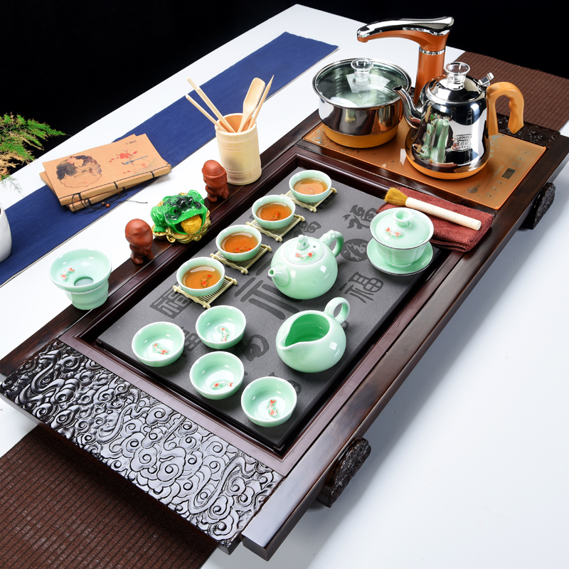 All the popular kung fu home sitting room of a complete set of ceramic tea set automatic household solid wood tea tray tea set