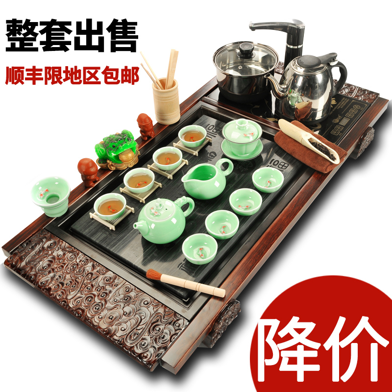 Repeatedly in a complete set of violet arenaceous kung fu tea set suits for domestic cup pot induction cooker tea tea solid wood tea tray