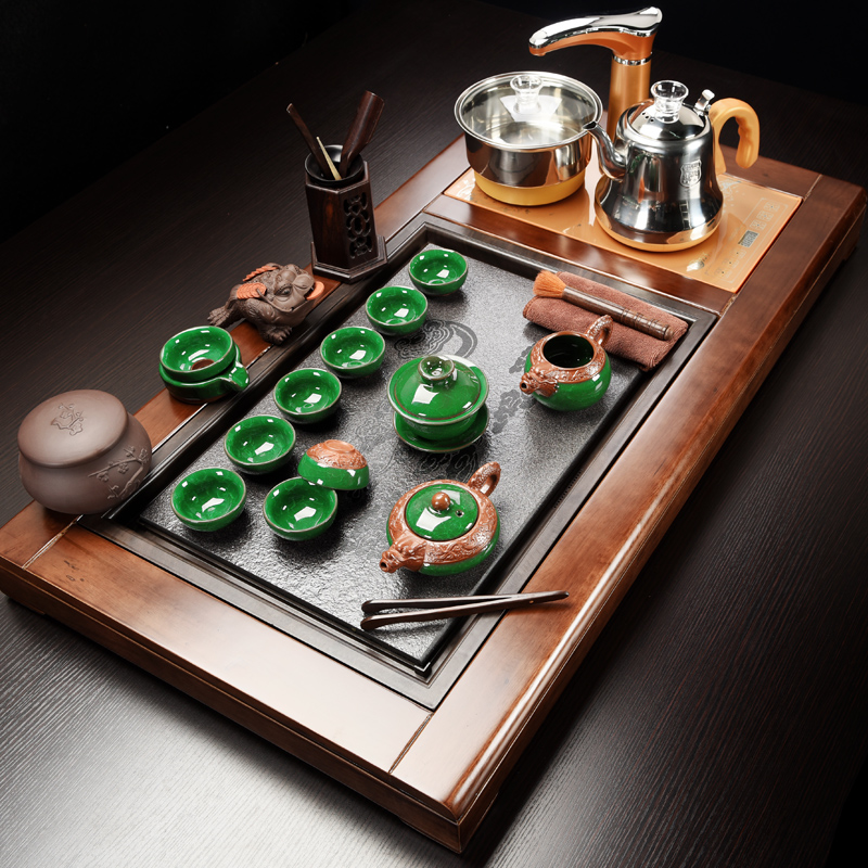 Repeatedly in a complete set of ceramic kung fu tea set of household solid wood tea tray tea tea tea set electric heating furnace
