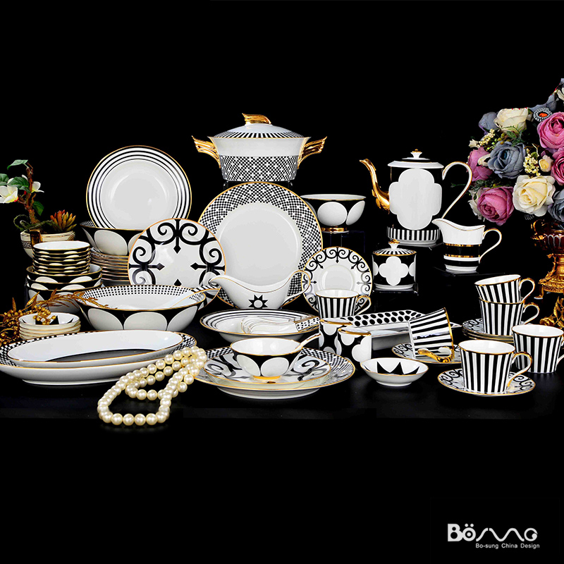 Dishes suit household contracted European exports in Italy ipads porcelain tableware romantic light plate of black and white and modern key-2 luxury combination
