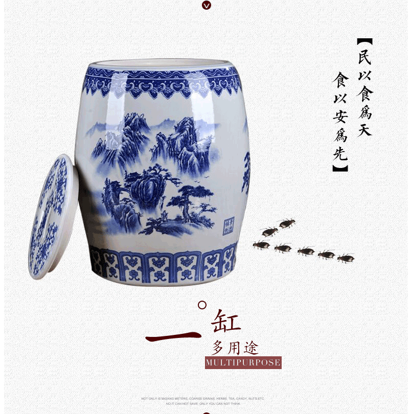 Jingdezhen ceramic barrel rice bucket 50 jins home 20 jins of blue and white porcelain with cover seal insect - resistant moistureproof tank