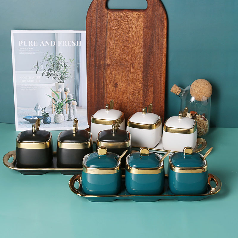 Emerald seasoning as cans Nordic light key-2 luxury gold ceramic three - piece dressing boxed set combination kitchen condiment bottles of salt
