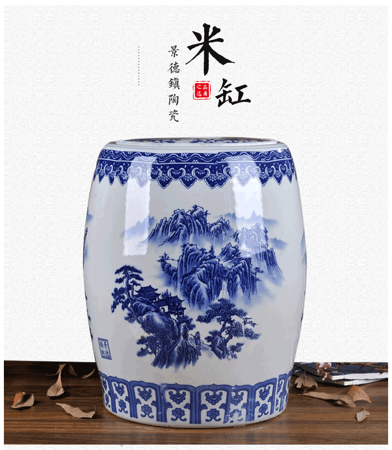 Jingdezhen barrel insect - resistant seal ceramics with cover 50 kg pack ricer box home 20 jins of blue and white porcelain porcelain water tanks