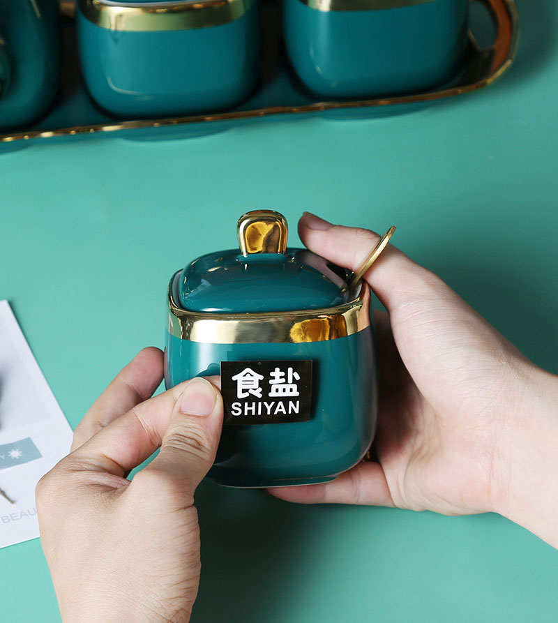 Emerald seasoning as cans Nordic light key-2 luxury gold ceramic three - piece dressing boxed set combination kitchen condiment bottles of salt