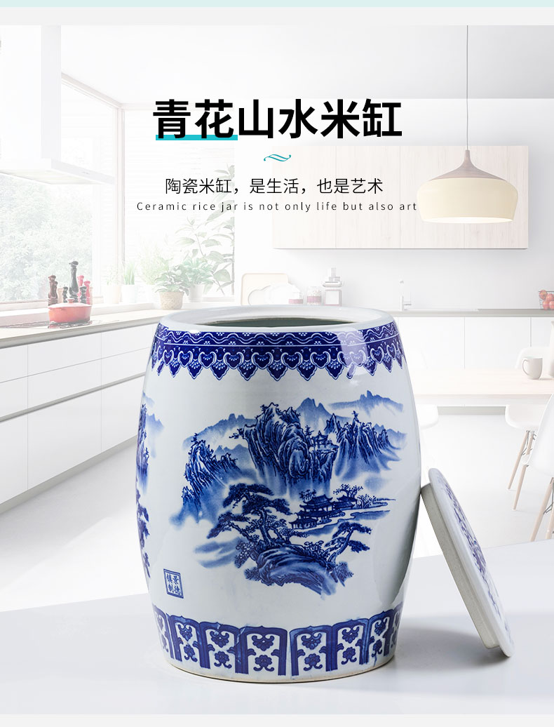 Jingdezhen barrel insect - resistant seal ceramics with cover 50 kg pack ricer box home 20 jins of blue and white porcelain porcelain water tanks