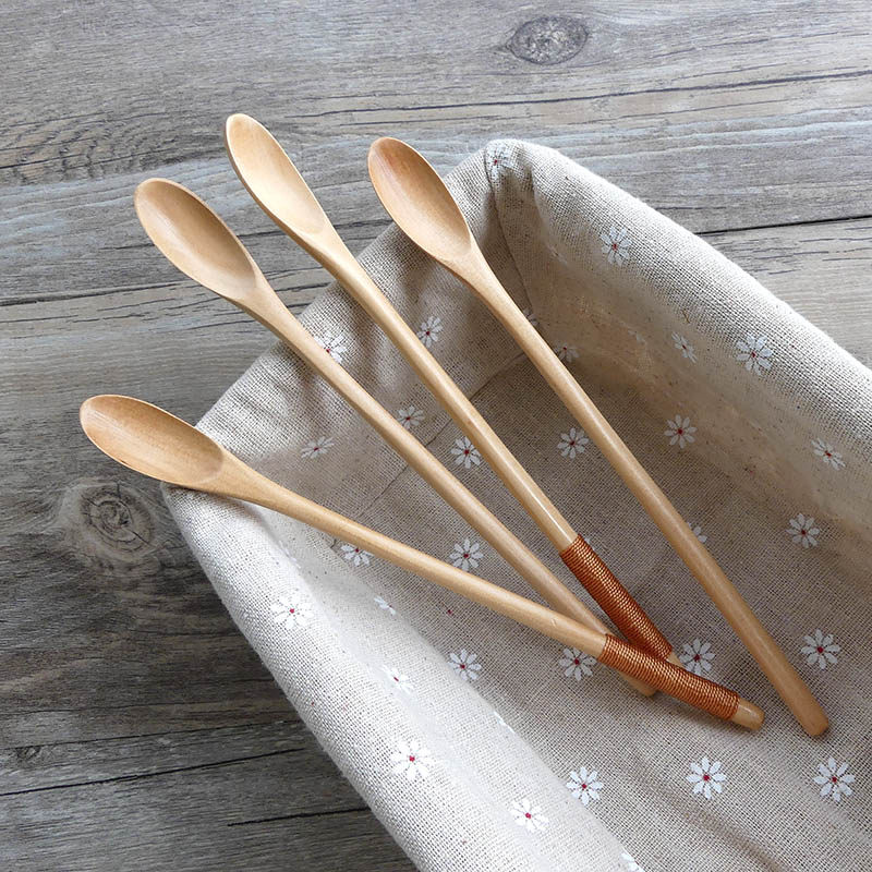 Round handle solid wood small mouth spoon creative coffee mixing spoon cold drink long handle spoon natural log natural color tableware