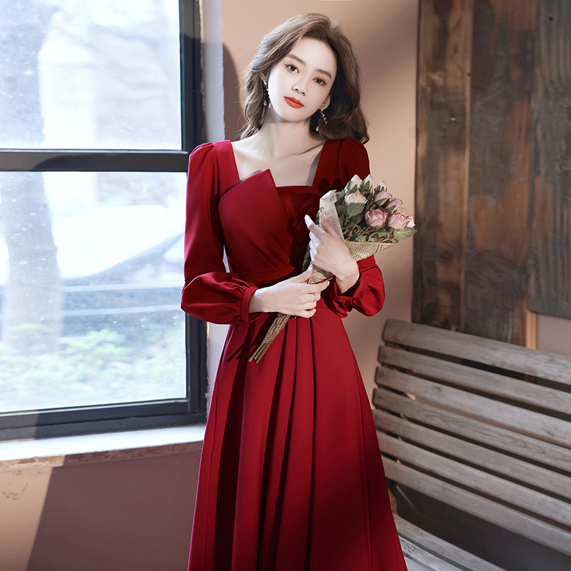 Burgundy spring evening dress, 2021 collection, long sleeve