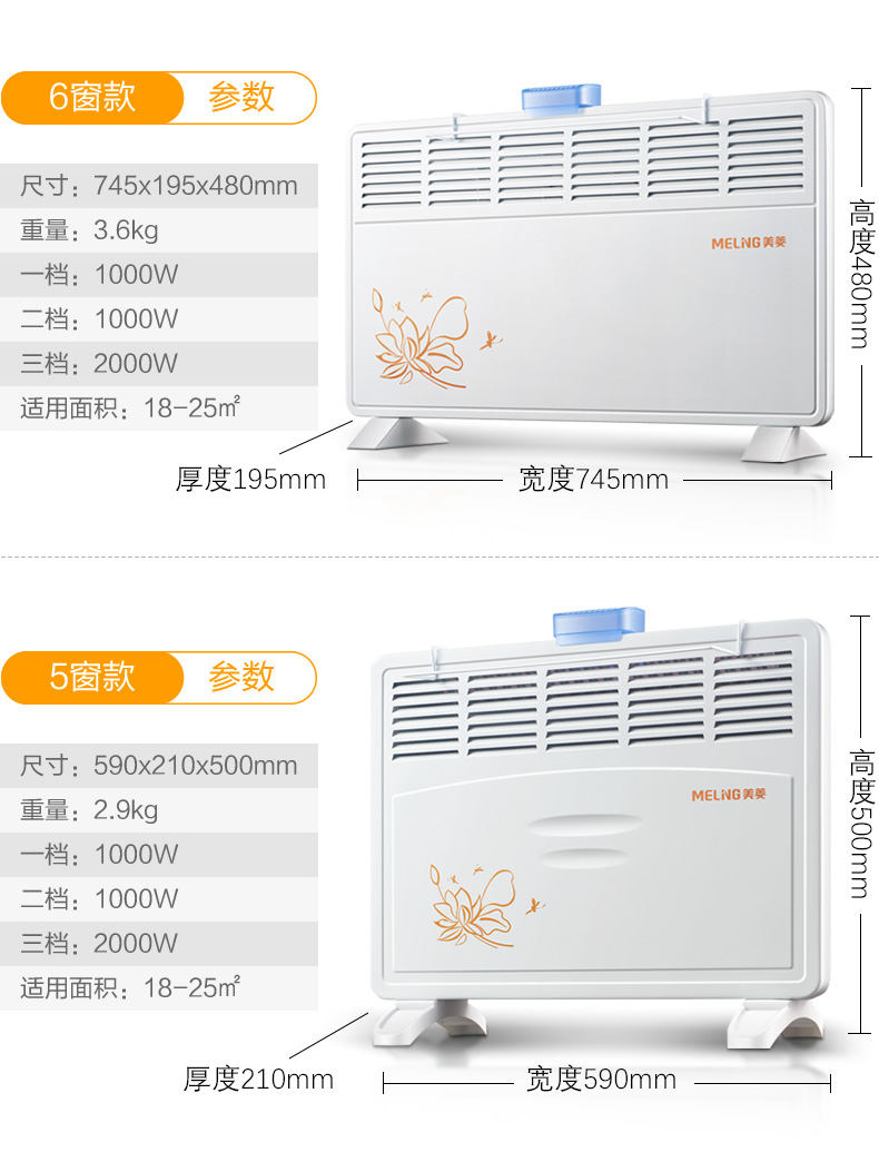 美菱 MDN-RD115 四窗/六窗 对流暖风机 1600W 图2