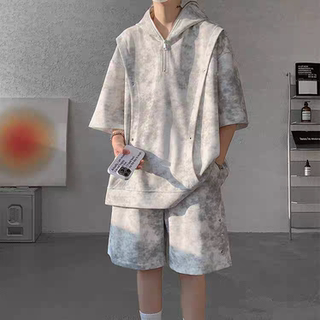 潮牌大码扎染套装男夏季酷帅穿搭一套衣服搭配连帽短袖短裤两件套