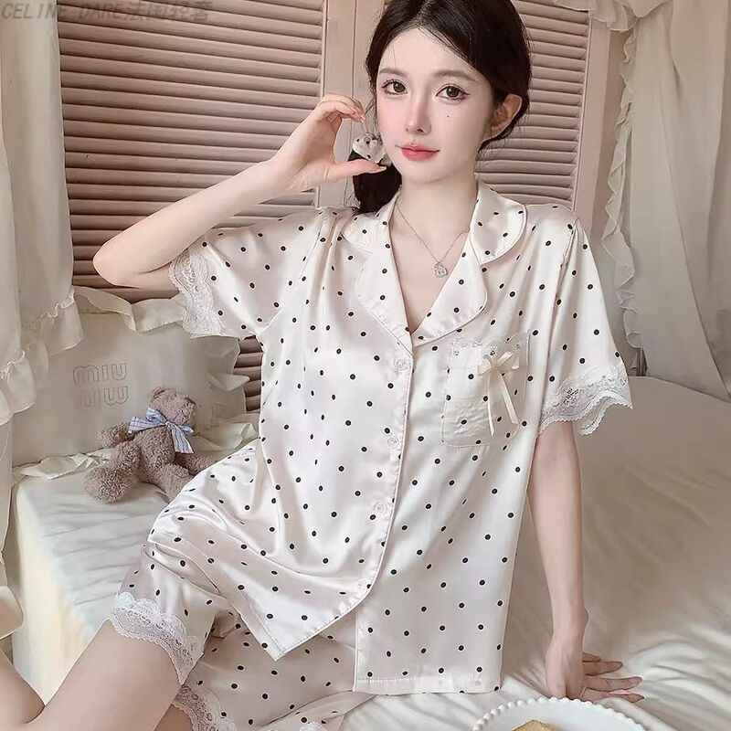 Silk Pajamas, Summer Cool Polka Dot Short-Sleeved Shorts, Lace Home Wear Set, Can Be Worn Outside, Gift Box Style for Best Friends