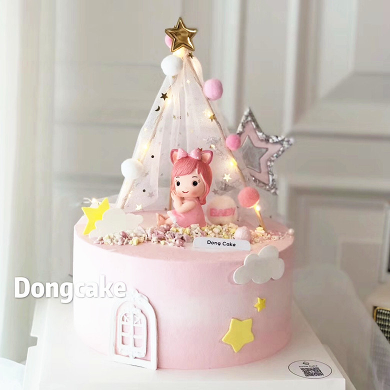 Baking cake decoration Alan Philharmonic baby doll decoration Pink blue hair ball small tent scene plug-in