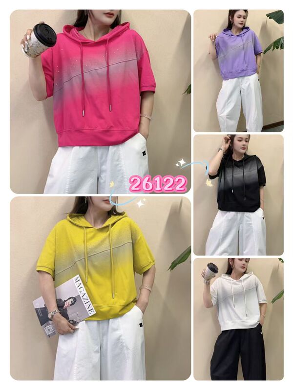 Yika Elisa 26122 Fashionable Hooded Short-Sleeve T-Shirt for Women, Loose Fit, Slimming, Versatile, Drawstring, Gradient Color Top, Trendy
