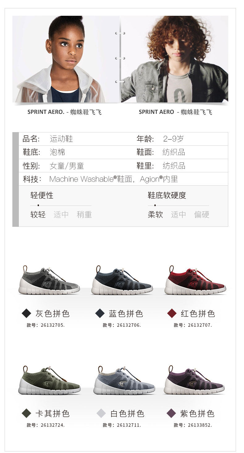clarks其乐 儿童 第3代蜘蛛鞋 针织网面运动鞋 3双 图3
