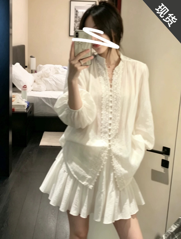 Awenjia 100% Ramie A-Type White Stand-Collar Shirt for Women, Summer French Lace Patchwork Trim, Three-Quarter Sleeve Top Awenjia 100% Ramie A-Type White Stand-Collar Shirt for Women, Summer French Lace Patchwork Trim, Three-Quarter Sleeve Top