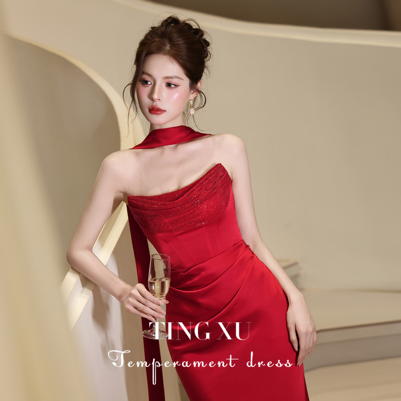 Ting Xu's "Feiyan" French-Style Strapless Engagement Dress, Bridal Morning Gown, Toast Dress, Elegant and High-End Evening Dress Ting Xu's "Feiyan" French-Style Strapless Engagement Dress, Bridal Morning Gown, Toast Dress, Elegant and High-End Evening Dress