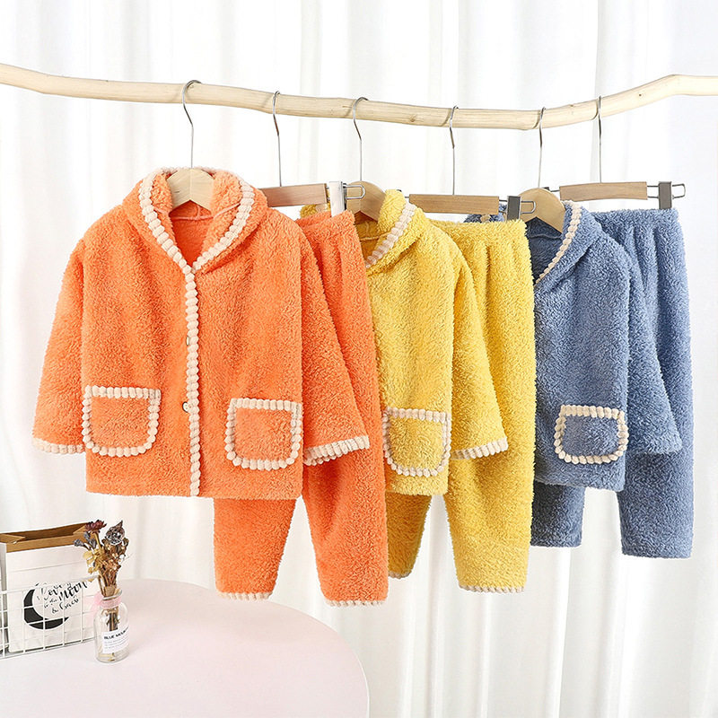 Baby Rice Grain Suede Thickened Warm Home Suit Suit Men And Women Cute Even Cap Pyjamas Toddler Two Sets Winter